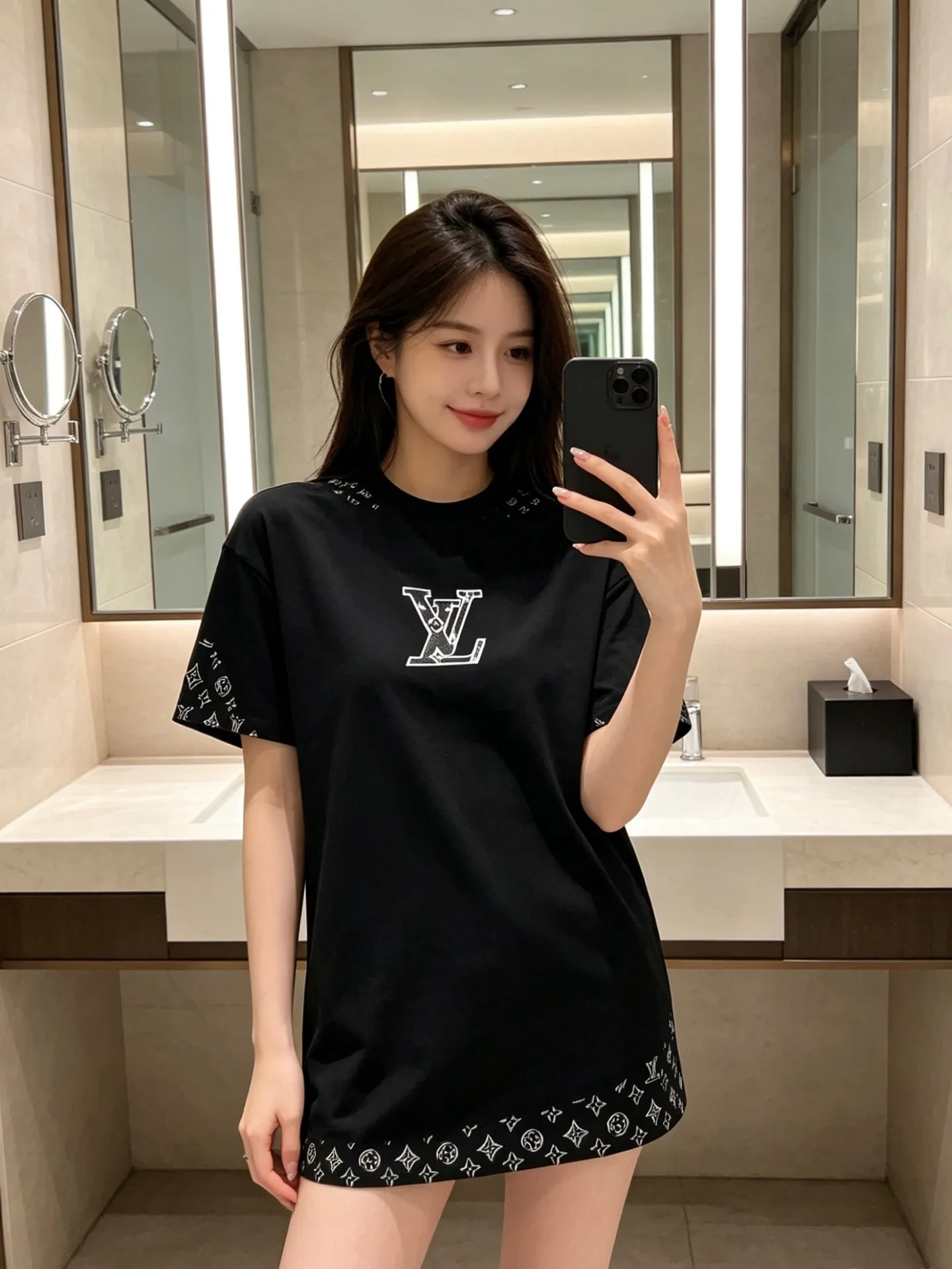 Louis Vuitton/Louis Vuitton leather logo embroidered short sleeves